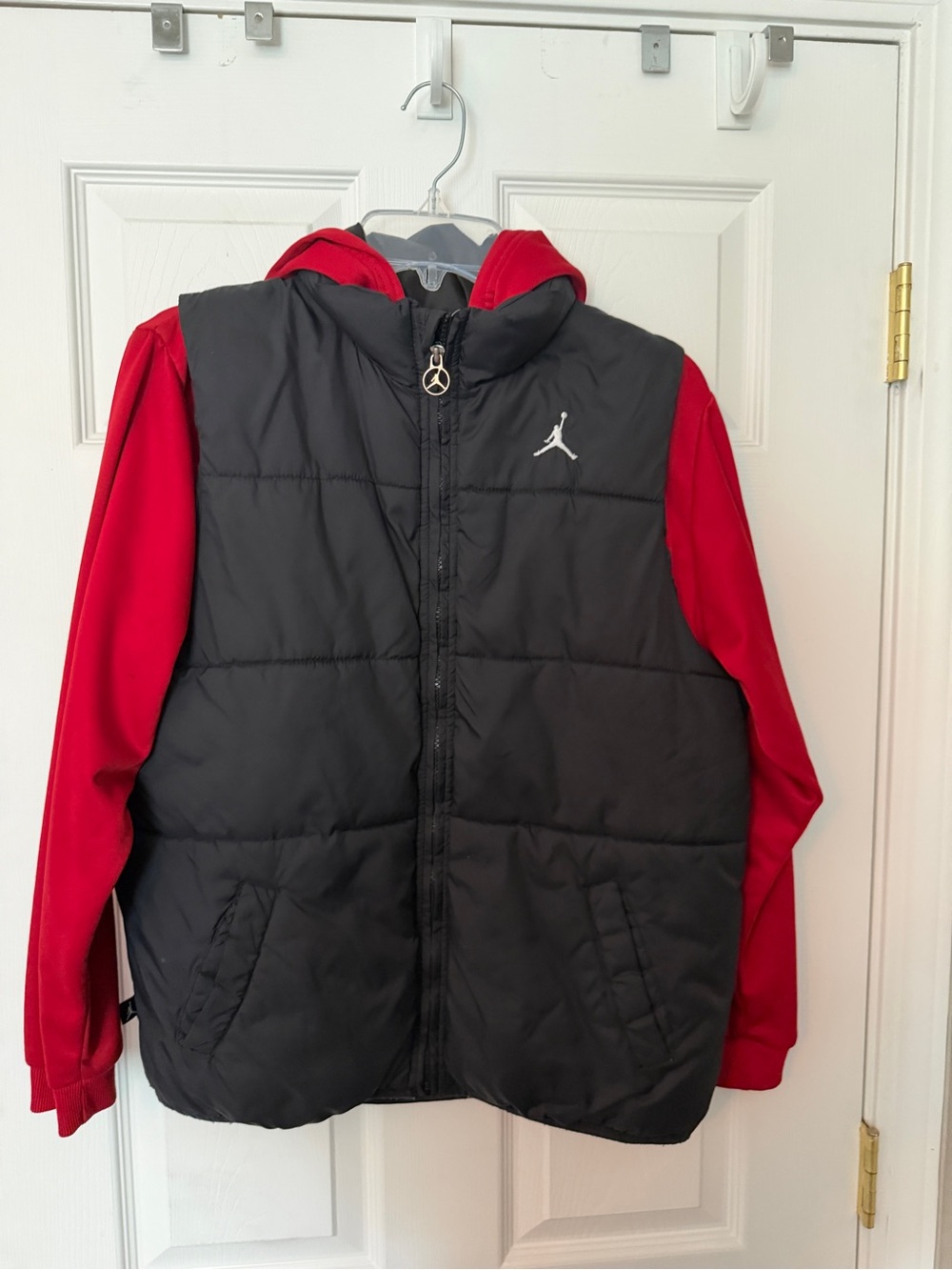 Jordan Black Puffer Vest with Red Sleeves & Hood